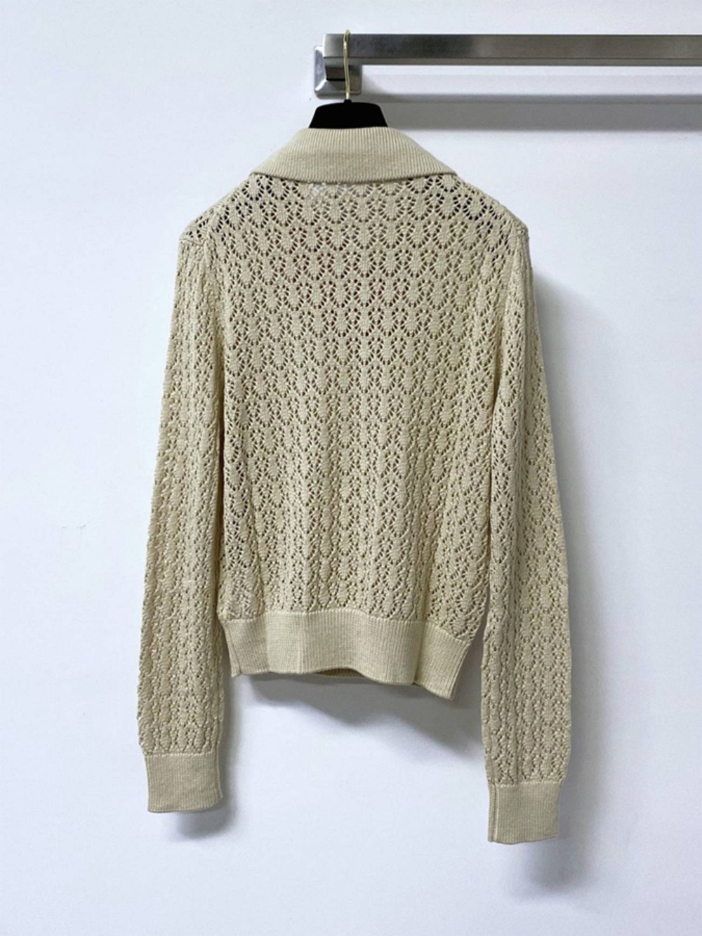 Miu Miu Cream Open‑Knit Cropped Polo Knit Blouse - Picture 3 of 5